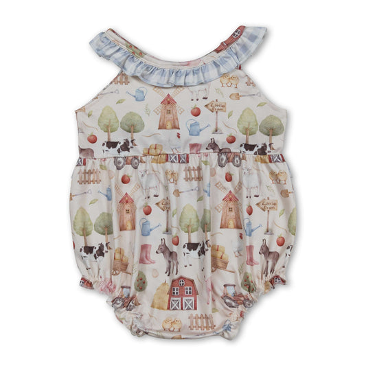 Sleeveless plaid ruffle farm baby girls romper