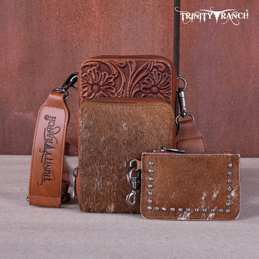 Trinity Ranch Genuine Hair-On Cowhide /Tooled Collection Phone Purse with Coin Pouch
