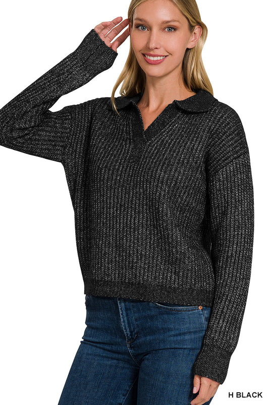 Zenana Melange Collared V-Neck Sweater – Classic Basic Knit Top