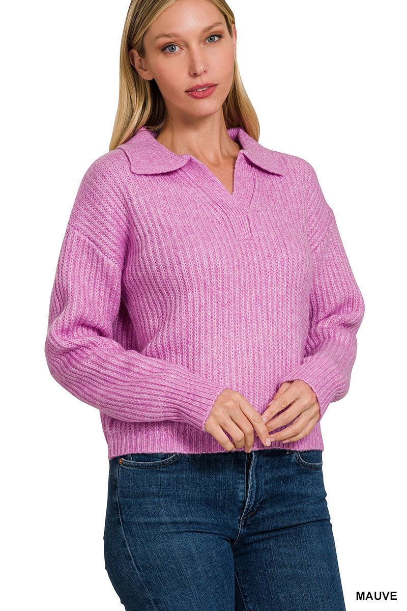 Zenana Melange Collared V-Neck Sweater – Classic Basic Knit Top