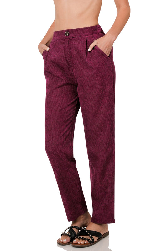 Women’s High Rise Corduroy Pants – Elastic Waistband & Side Pockets