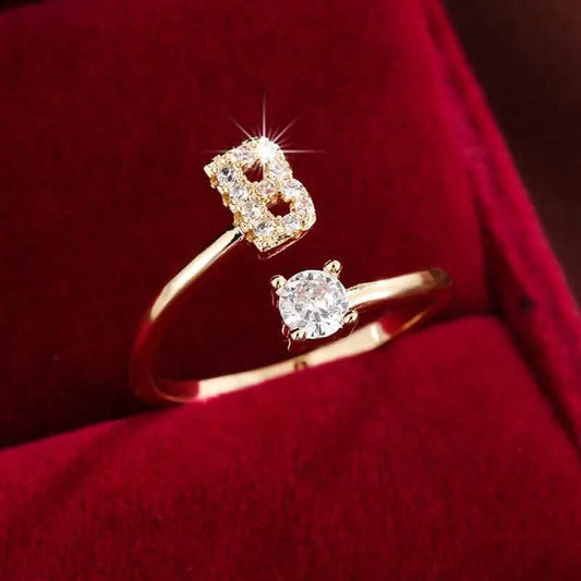 Adjustable Copper Initial Ring with Four-Claw Round Zirconia