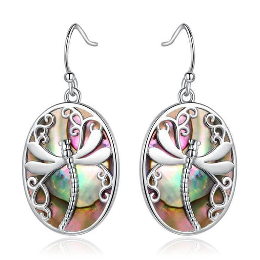 Genuine Blue Abalone Pearl Dragonfly Hook Drop Earrings