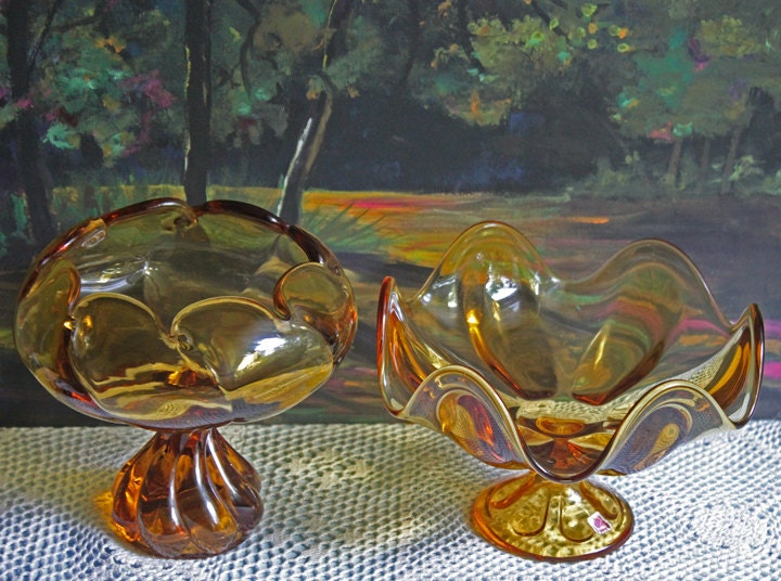 Candy Bowl. Amber Glass Footed Bowl. Pinched Rim Bowl or Compote with Scalloped Rim and Ornate Foot. Glass Art Home Decor.