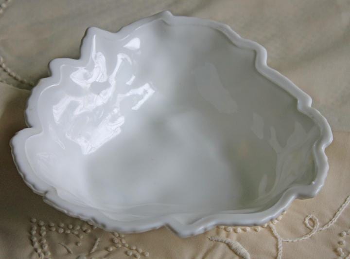Antique Westmoreland Milk Glass Bowl with Embossed Grapes & Vines Motif and Scalloped Edge. White Oval Serving Dish. Table Kitchen Decor.
