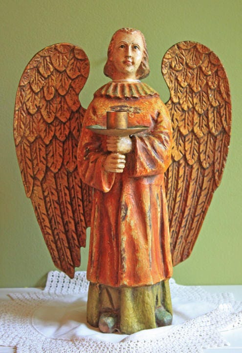 Wooden Hand Carved Angel Figurine. Large Limited Edition, #15, Angel Statue. Stunning Sculpute of Praying Angel. Candle Holder or Art.