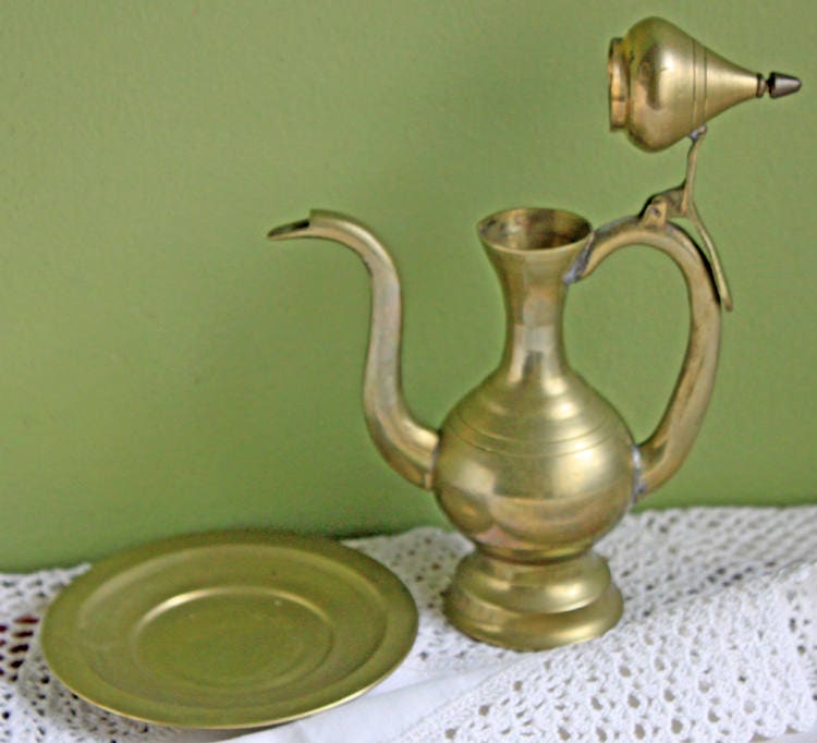 Vintage Brass Pitcher with Hinged Lid and Plate