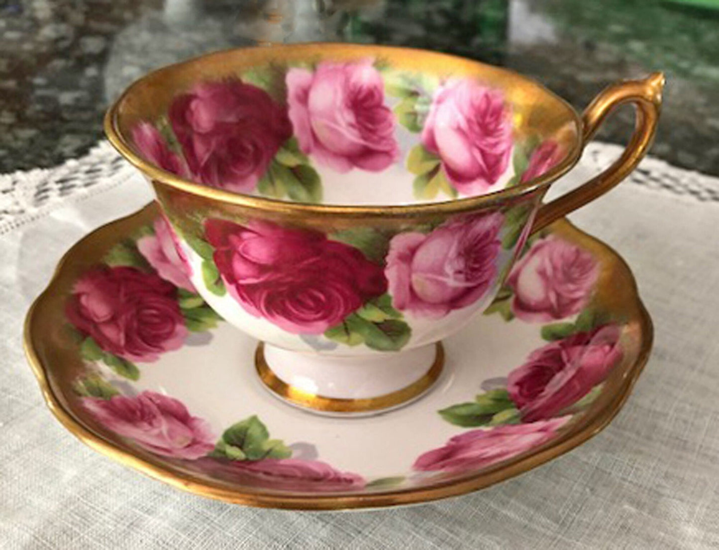 Royal Albert Set of Six Dessert Plates and One Serving Plate with Old English Rose Pattern. Made in England.