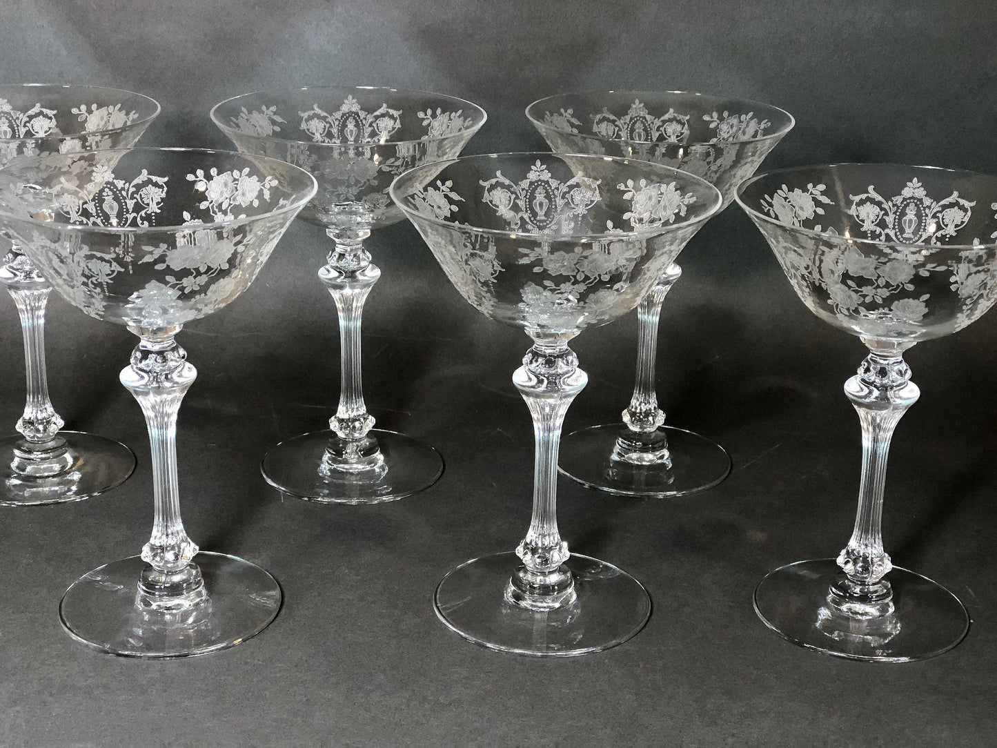 Fostoria Low Sherbet Glasses. Etched Meadow Rose Motif. Set of Ten Vintage Wine or Dessert Glasses.