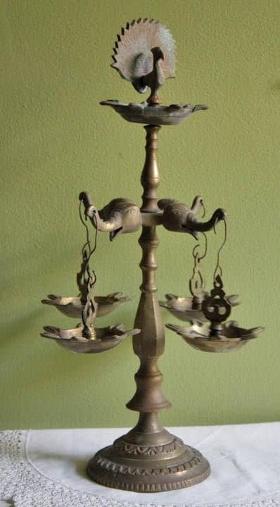 Antique Brass Diya Oil Lamp, Handcrafted Elephants & Peacocks, 15"