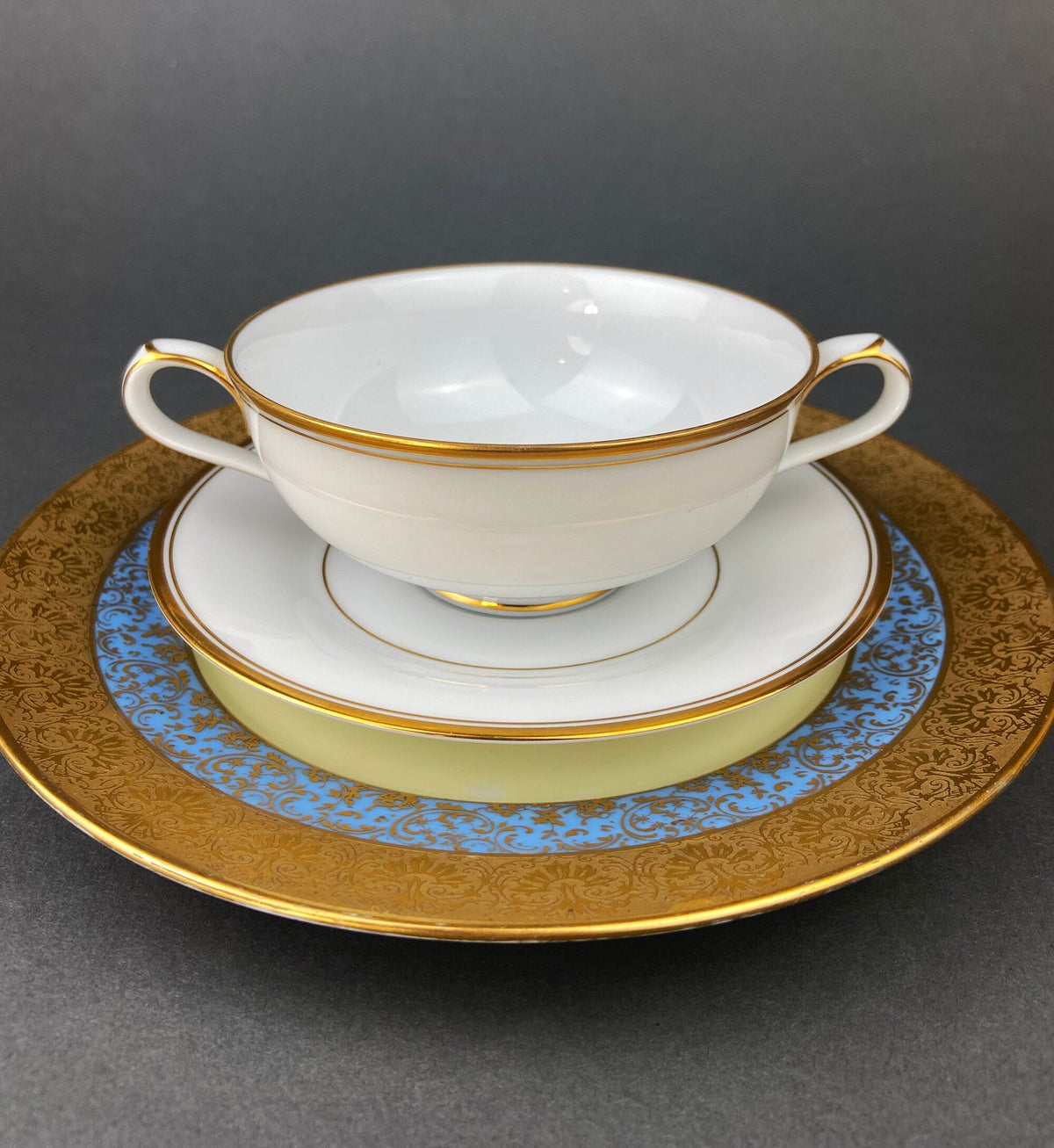 Antique Porcelain Bullion Bowls with Matching Square, 8.5" Dinner Plates. Set of 6. Flower Garlands, Sylvia by F&B Baronet China, Bohemia.