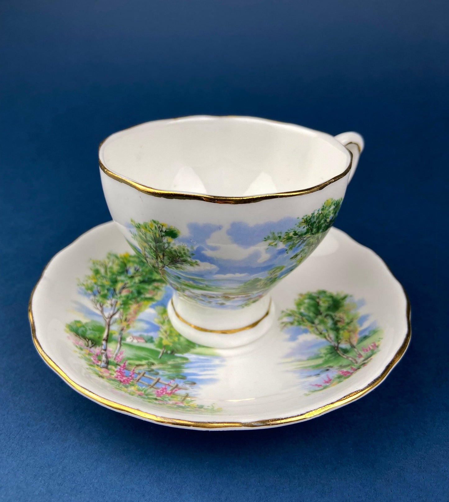 Crown Staffordshire Ellesmere Tea Cup and Saucer. Amazing Set with Repousse Detail ing, Number 14962 .