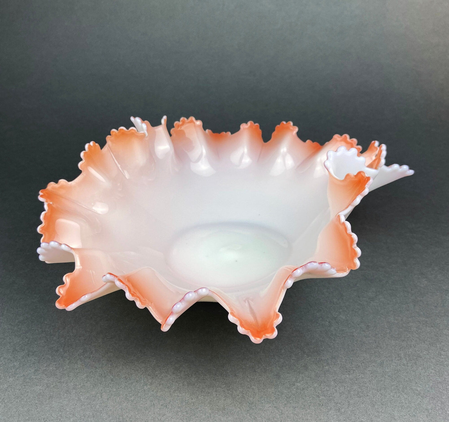 Vintage Opalescent Glass Bowl, Peach Ruffled Edge Collectible