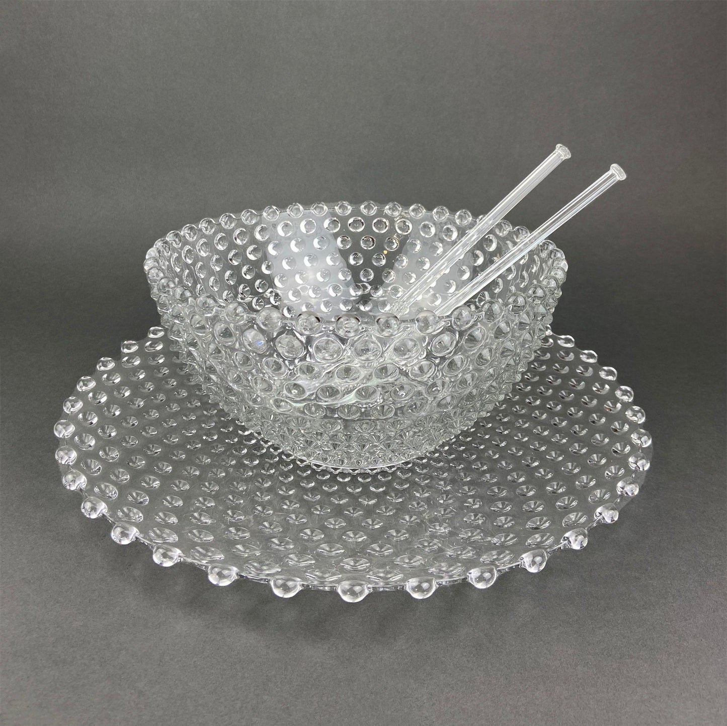Vintage Moonstone Serving Set. Hobnail Large Bowl and Matching Plate. Salad or Fruit Bowl. Serving Platter. Modern Table Centerpiece.