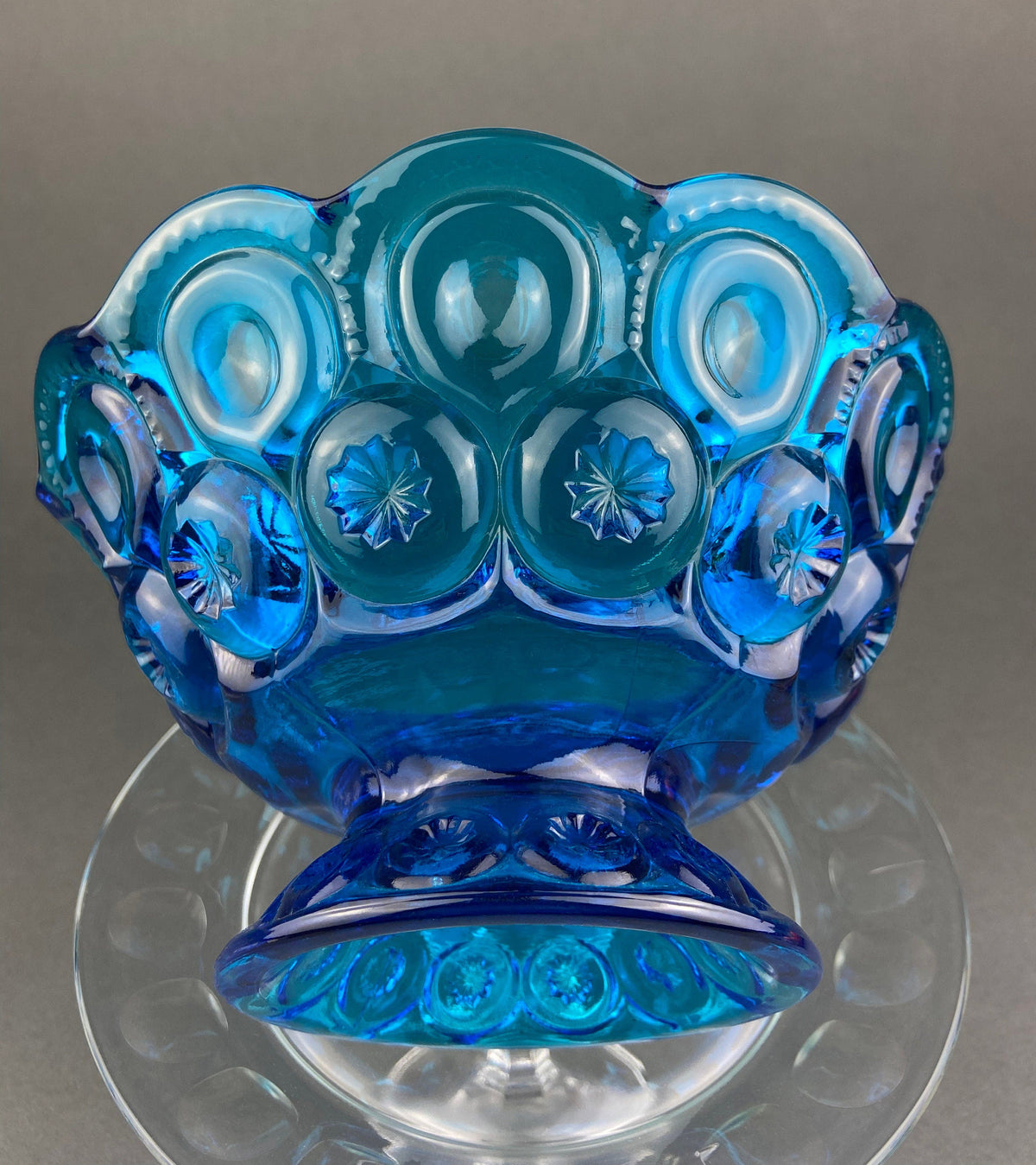 Vintage Blue Glass Footed Serving Bowl. 1960's Kings Crown Thumb Print Glass Jar with Ruffled Edge. Collectible Blue Glass Dish.