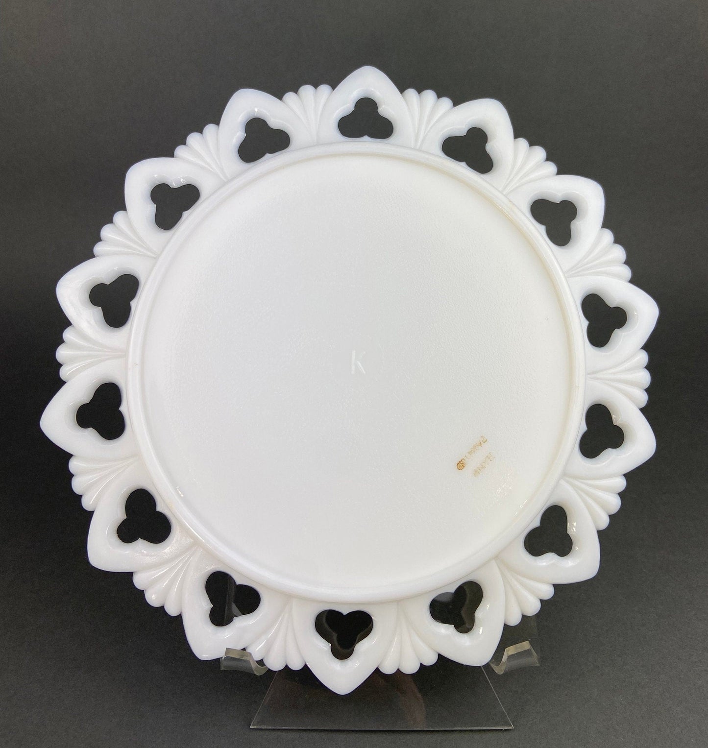 Westmoreland Milk Glass Decorative Plates with Hand Painted Violets, Cherry Blossom, and Fruit. Set of Four Plates with Reticulated Rim.