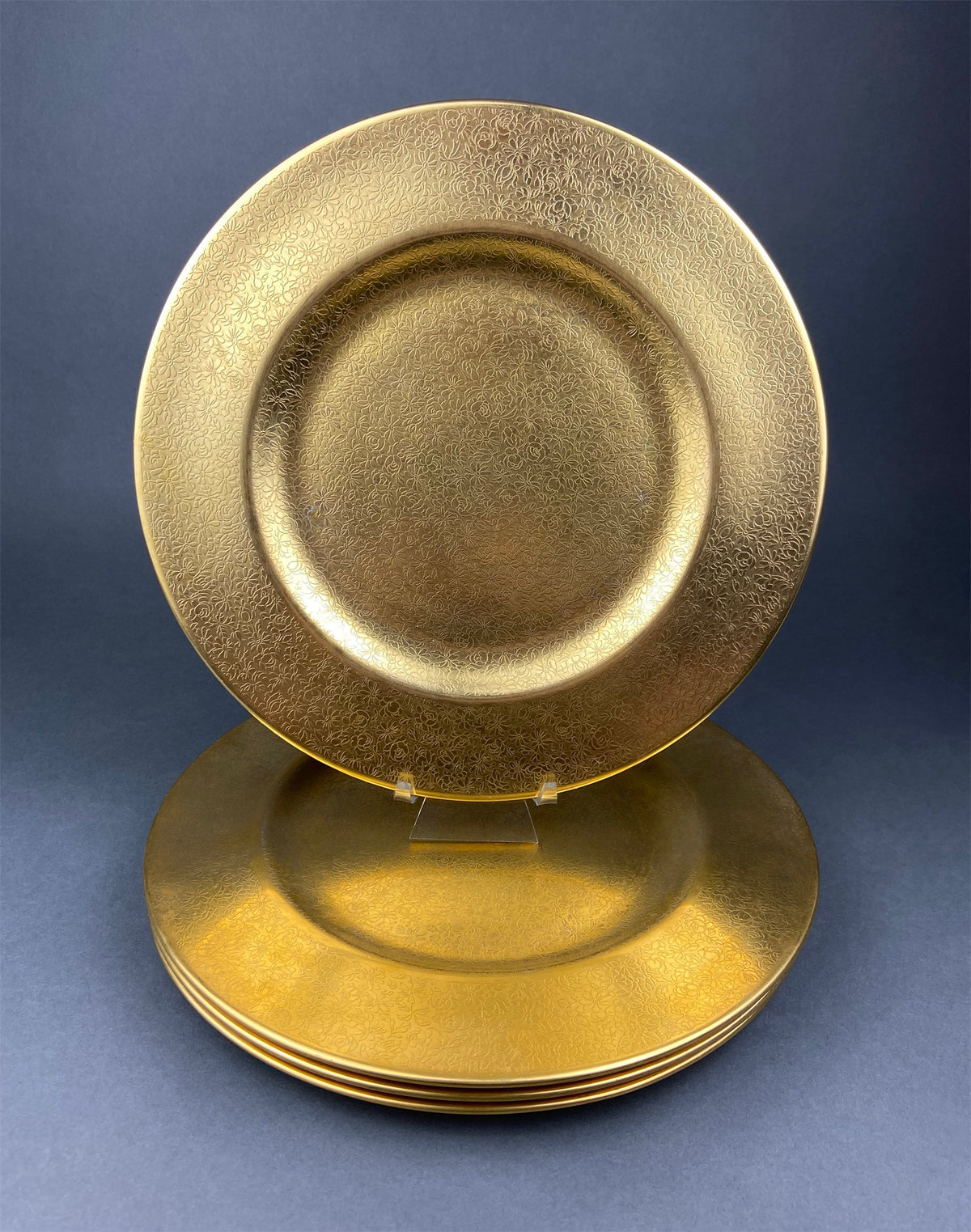 Antique Limoges Porcelain Tea Set/Trio. Tea Cup, Saucer and Salad Plate. White China with Scalloped Gold Rim, Theodore Haviland, France.