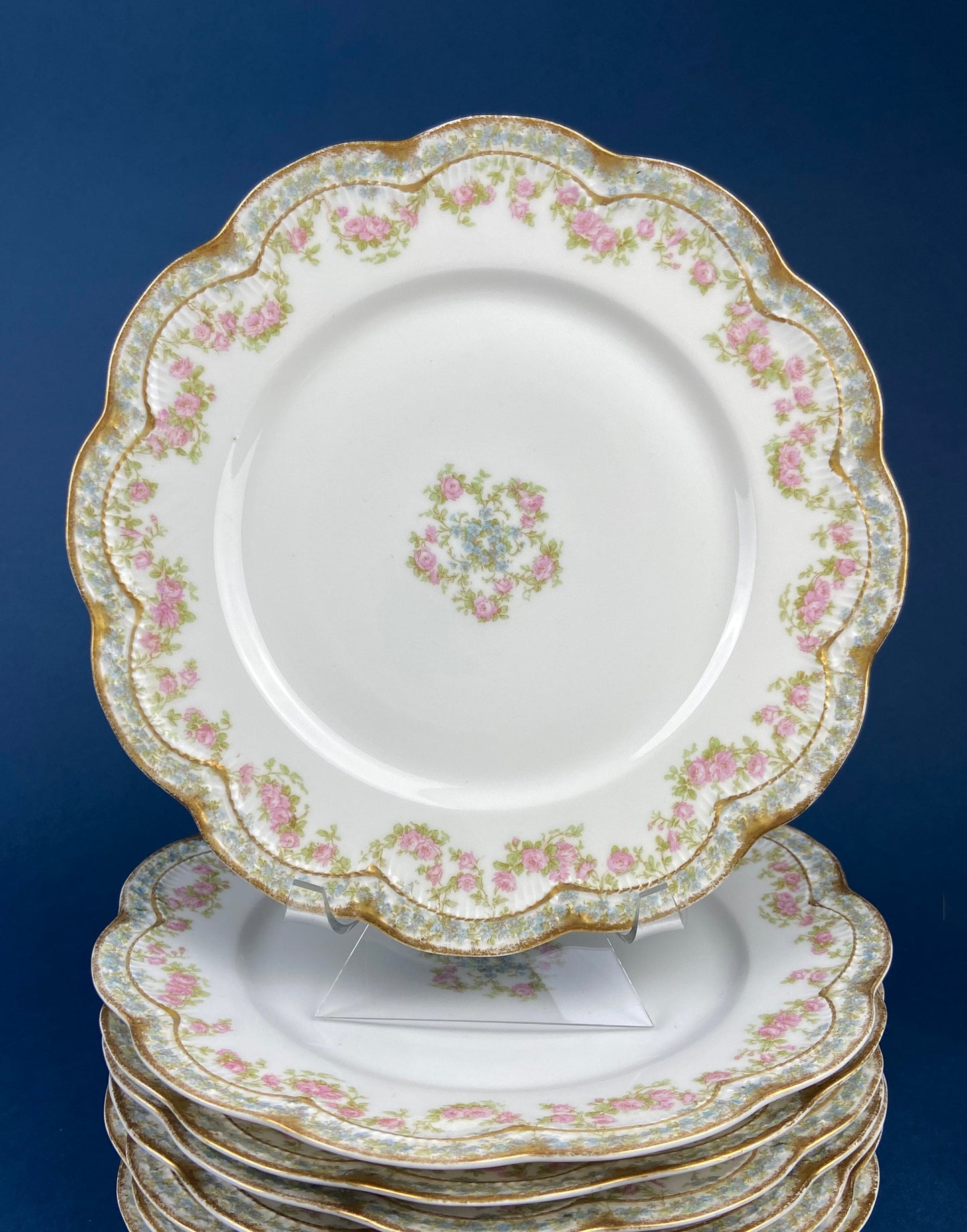 Dinner or Salad Plates, Antique Limoges Elite Porcelain Set of Two Hand-Painted Rose Garlands and Scalloped Gold Rim. MF. & Co.