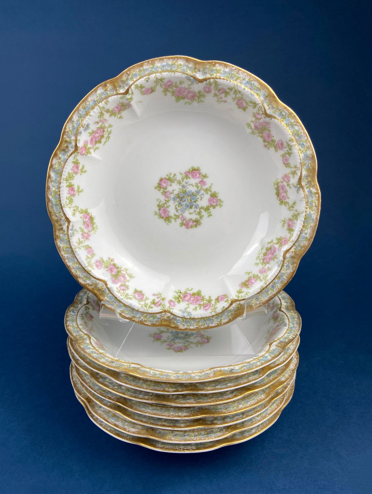Antique Warwick Salad Plates: Hand-Painted Cottage Rose, Set of 6