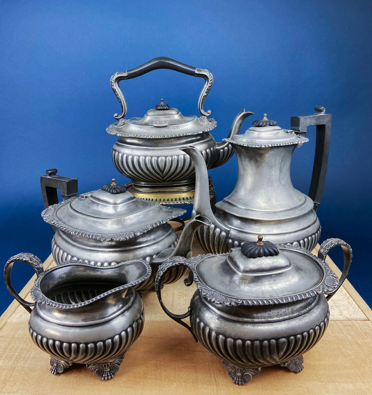 Pewter Teapot by Etain Zinn. Etched with Heart and Cupids Antique Teapot. Spout Shaped like Eagle. Back Handle with Lion.