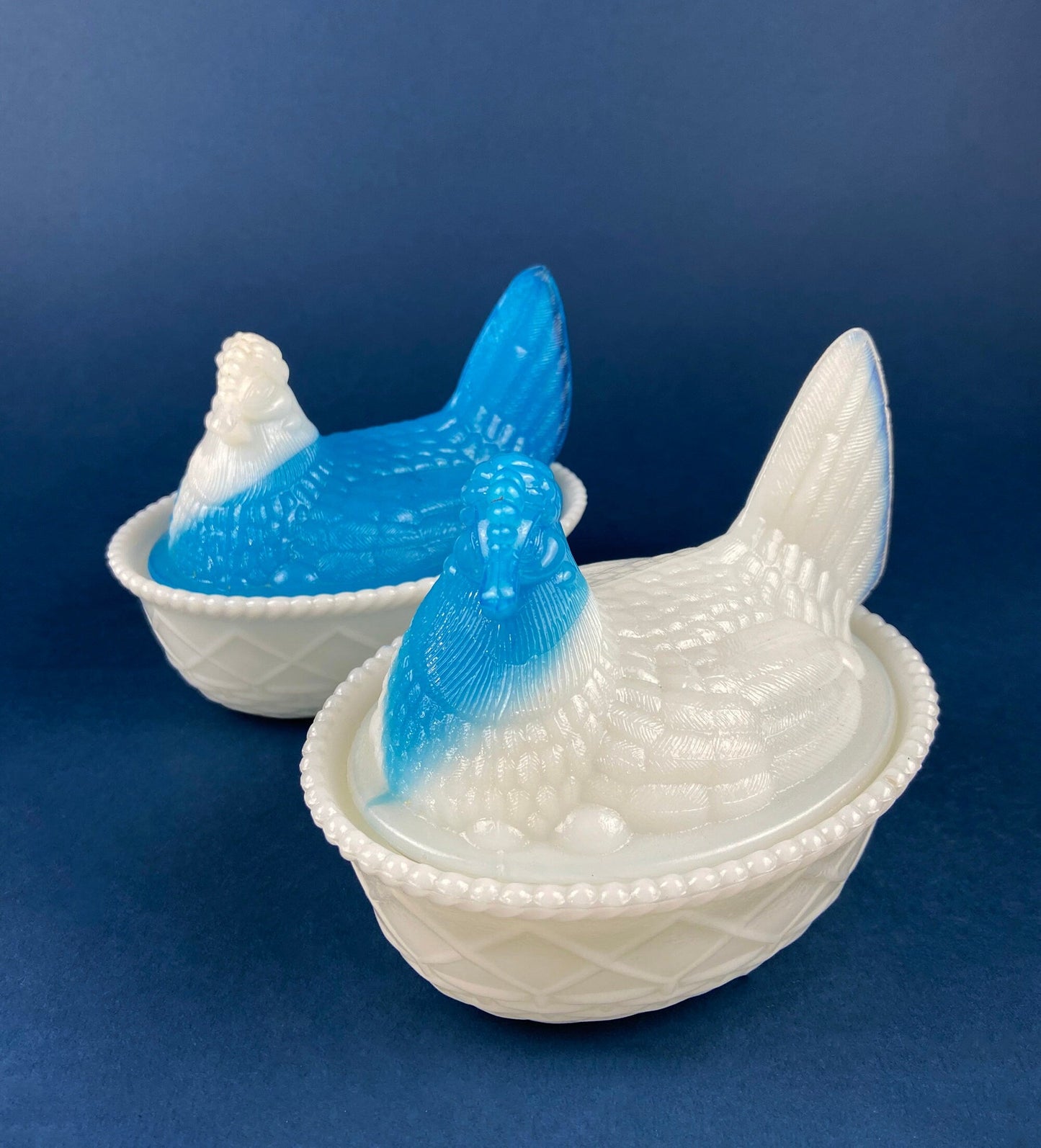White and Blue Glass Hen in a Basket. Milk Glass Chicken Sitting on Eggs in a Basket. Butter Dish, Storage Bowl with Lid. Collectible Hen.