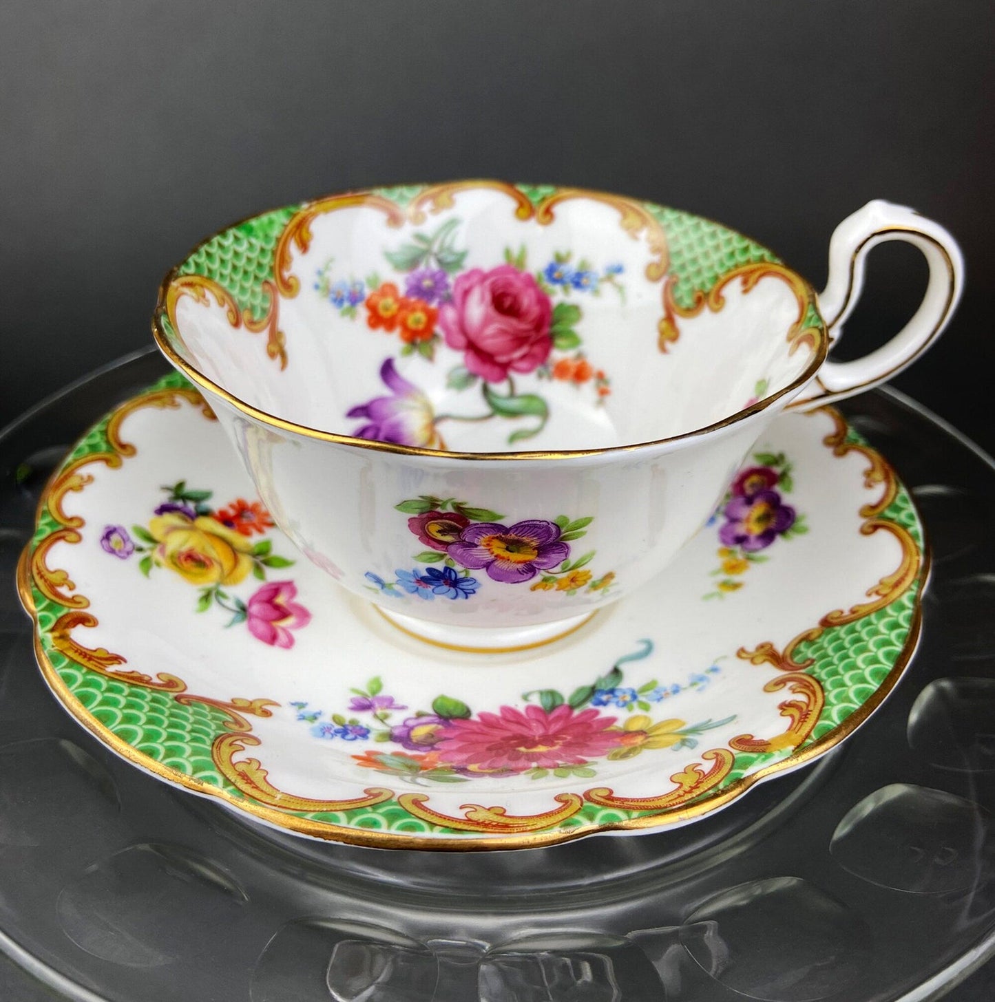 Vintage Staffordshire Tea Trio: Green, Gold, and Pink Porcelain Set
