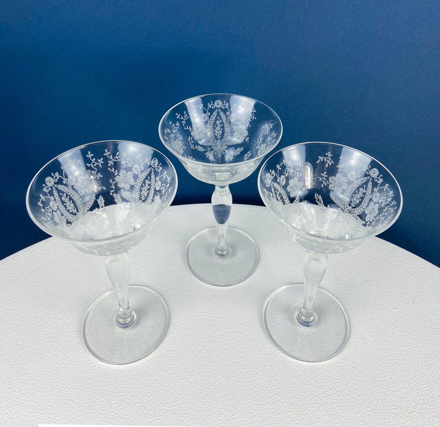 Vintage New Martinsville Tall Sherbet Champagne Glasses. Set of 7 Prelude Etched Stemware. Highly Collectible Barware. Wedding Registry.