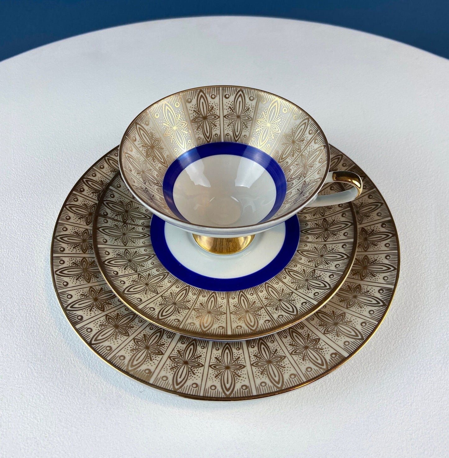 Vintage Paragon Cup and Saucer. Porcelain Tea Set. Lt Yellow with Dark Blue and Gold Bend. Rose Motif. Excellent Gift Idea for Tea Lover.