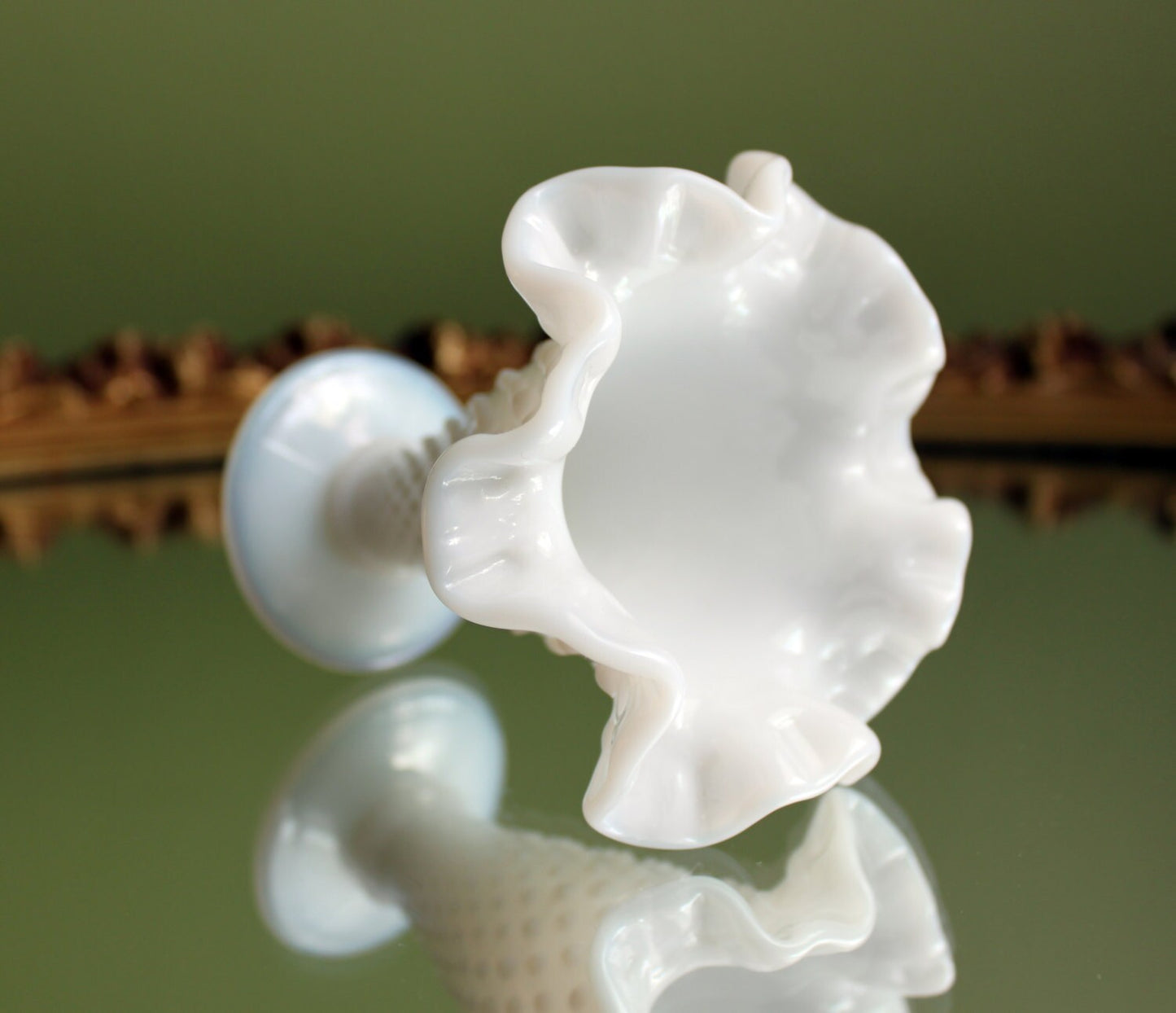 Fenton Milk Glass Vase, Hobnail, Ruffled Rim, Scalloped Edge