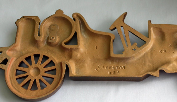 Antique Cast Metal Yellow Car. Wall Hanging Rustic Home Decoration. Ready to Hang. Made by Sexton, USA.