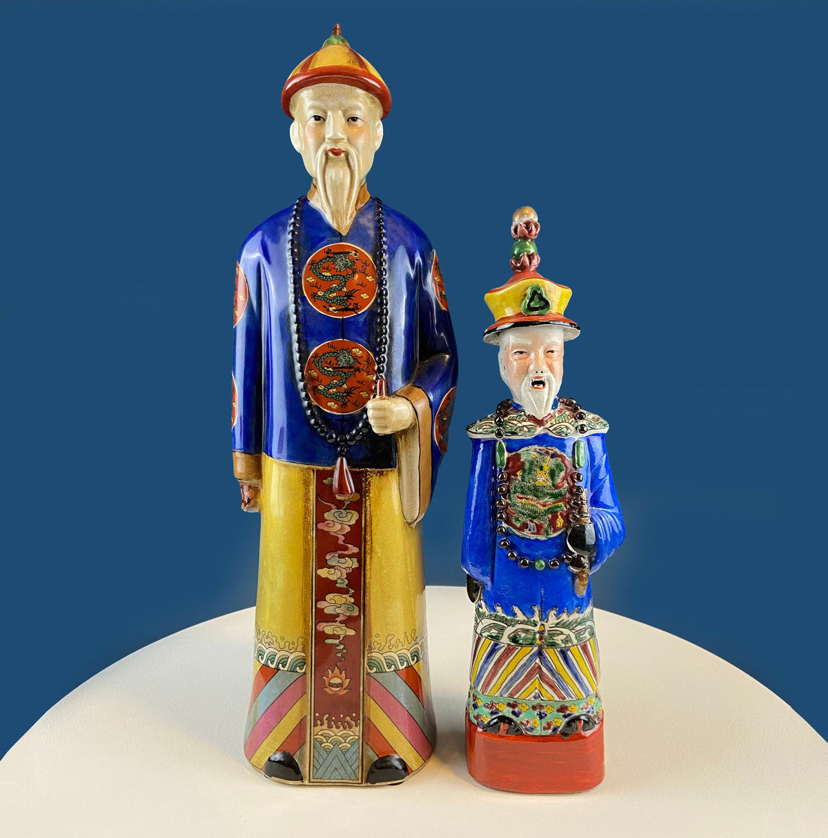 3 Ceramic Sculptures of Asian Royal Advisors or Immortals. Collection of Large Figurines of Asian Men in Traditional Chinese Clothing. Home Decor.