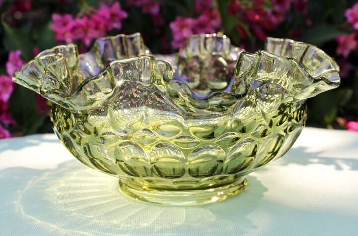Green Glass Compote Shaped Like a Tree. Vintage Footed Serving Dish with Stem Shaped like a Tree Trunk. Fruit Stand. Table Centerpiece.