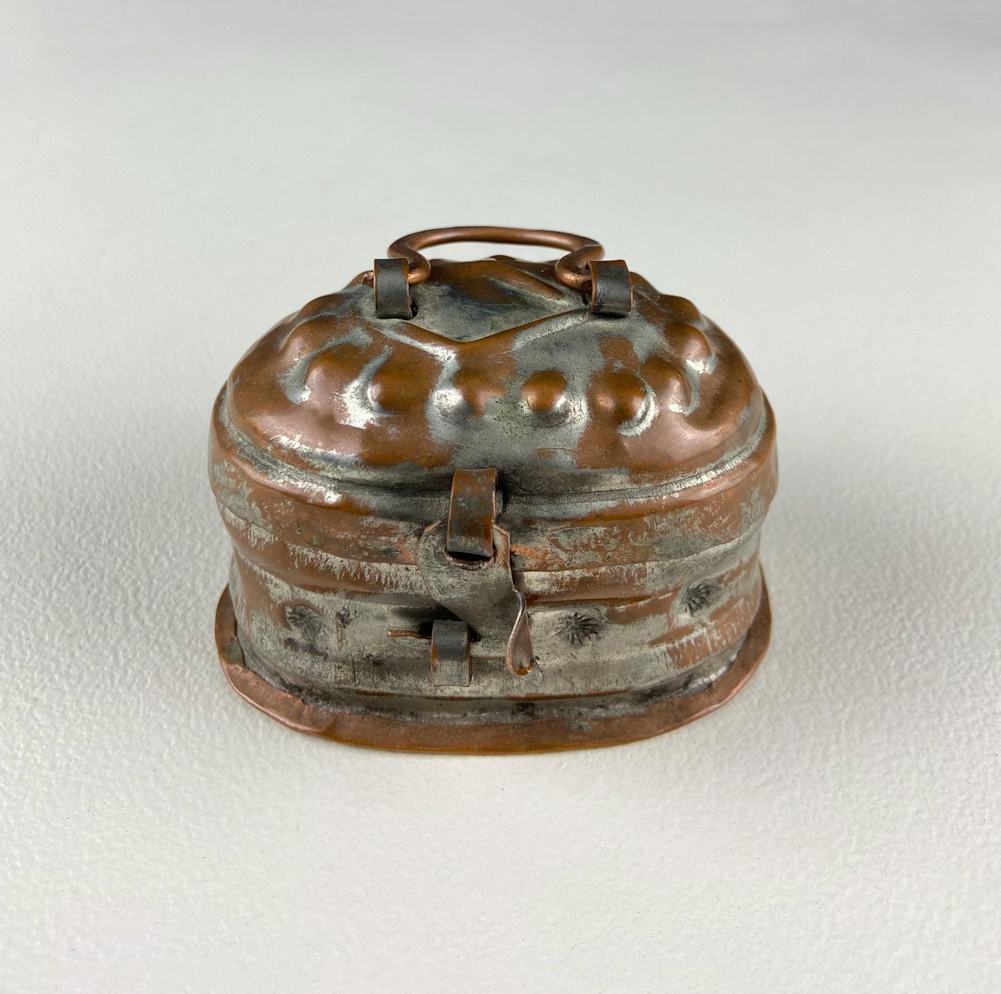 Hand Pounded Copper Cricket Boxes with Hinged Lids. Set of 4 Oval Metal Boxes with Perforated Bases. Rustic Collection of Containers.