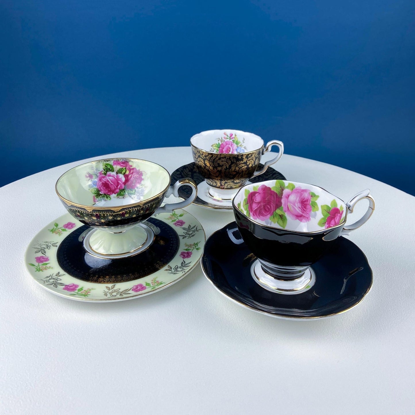 Antique Lefton Black and Gold Tea Cup and Saucer. Hand Painted Rose Motif. Dining Room Decor. Gift for Him or Her. Collectible Porcelain.