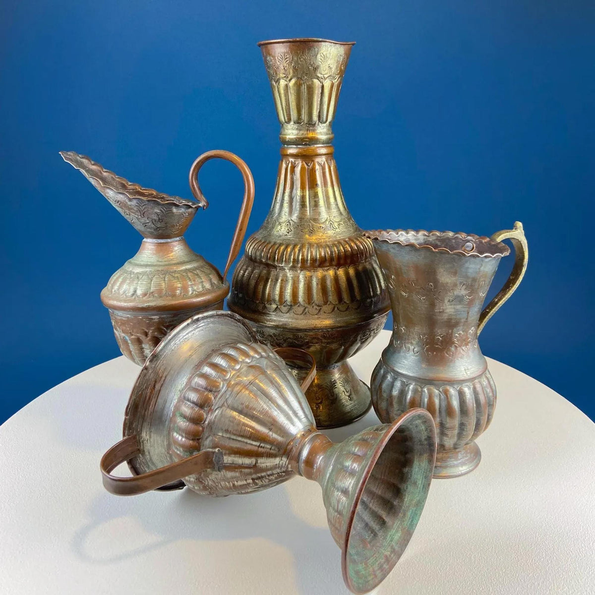 Hand Pounded Tin Copper Turkish Beverage Dispenser with Brass Spigot & Handles. Rustic Jug.