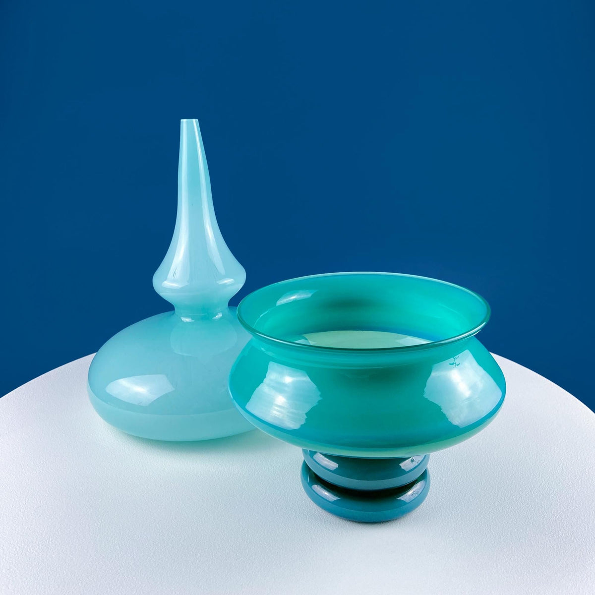 Blue Hand-Blown Glass Footed Vase. Large Goblet with Thumb Print Motif. Collectible Modern Glass. Home or Retail Decor. Interior Design Idea