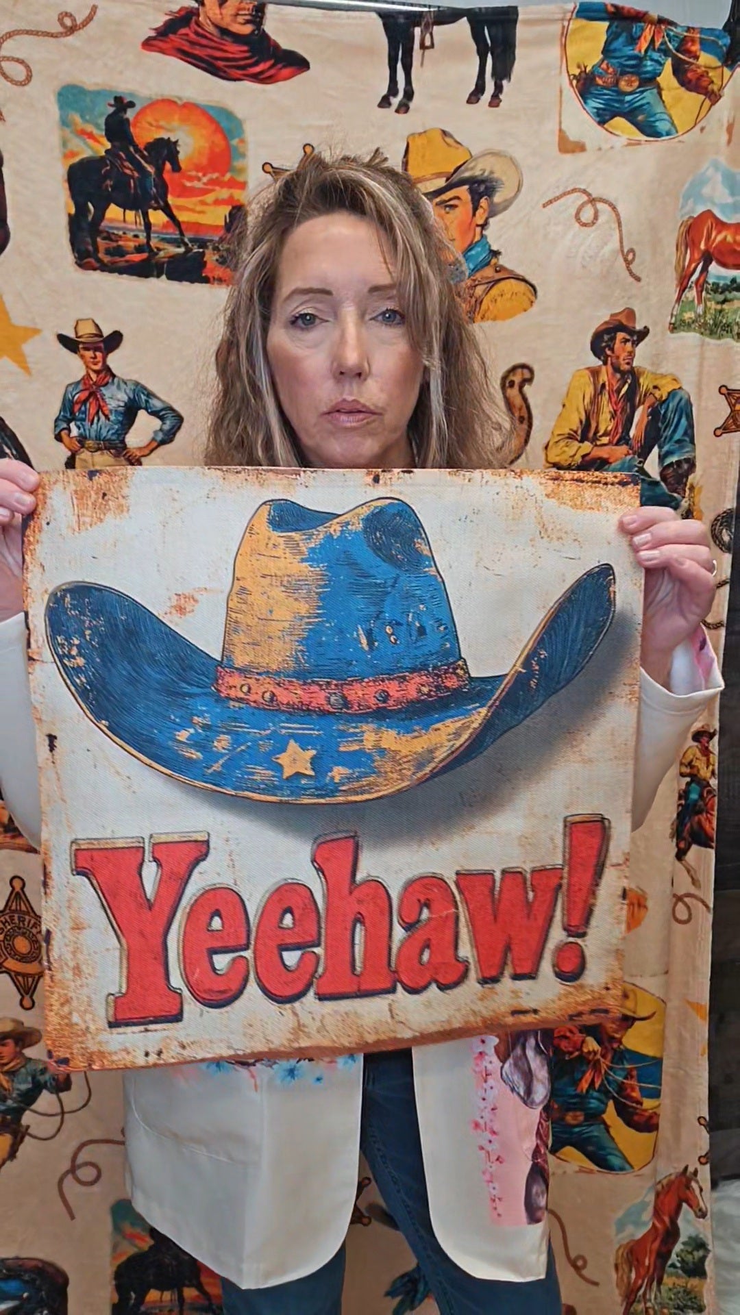 Vintage Western Yeehaw Throw Pillow Case 18 x 18 Made in America