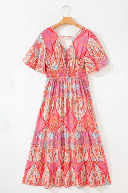 Paisley Print V-Neck Short Sleeve Boho Dress with Ruffle Details