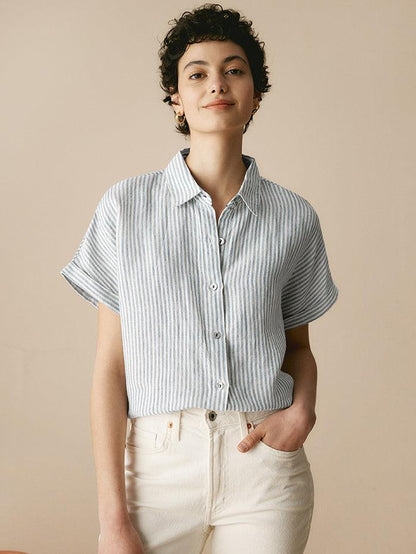 100% Linen Striped Classic Button-Front Shirt HUNTER