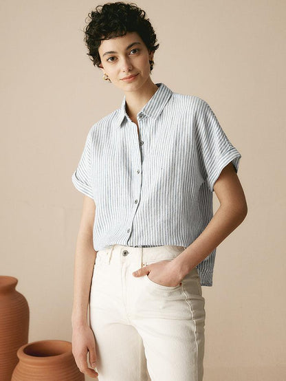 100% Linen Striped Classic Button-Front Shirt HUNTER