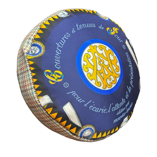 Couvertures et Tenues du Jour Blue Vintage Silk Scarf Round Pillow 13"
