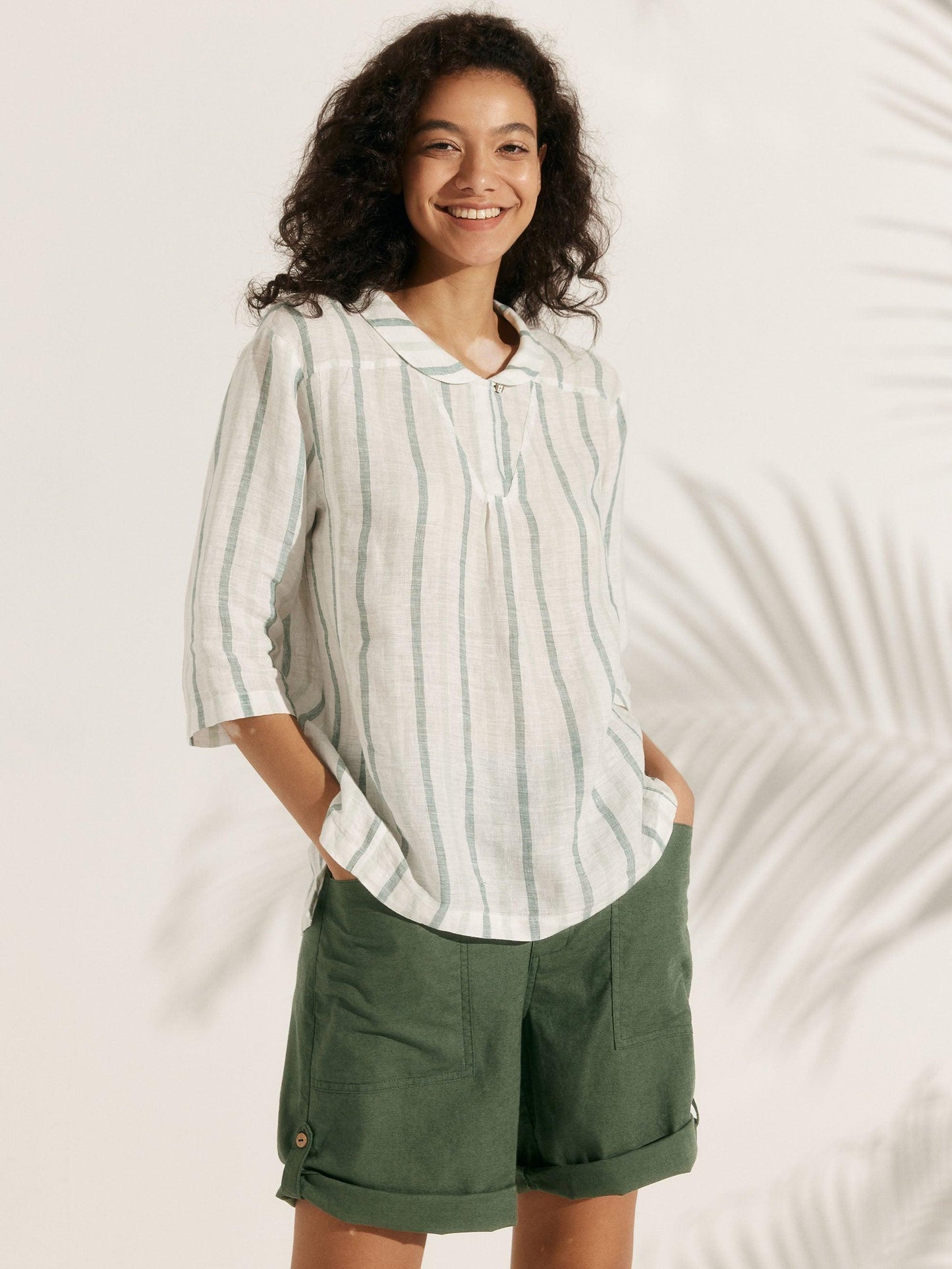100% Linen Stripe Shawl V-Neck Half Sleeve Top