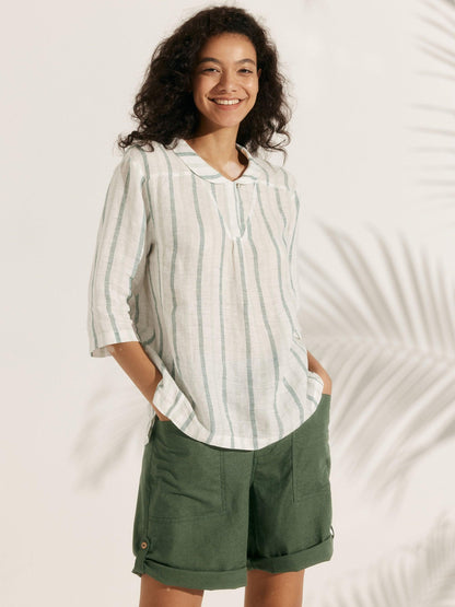 100% Linen Stripe Shawl V-Neck Half Sleeve Top