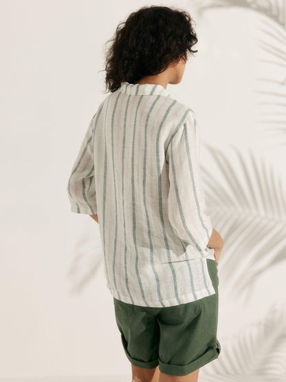 100% Linen Stripe Shawl V-Neck Half Sleeve Top