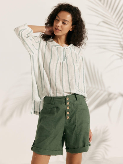 100% Linen Stripe Shawl V-Neck Half Sleeve Top