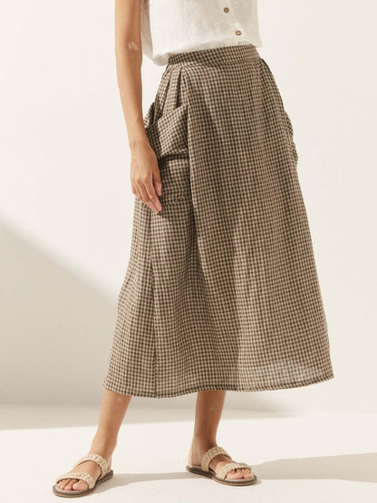 Linen Checked Elastic Waist Skirt ONYX