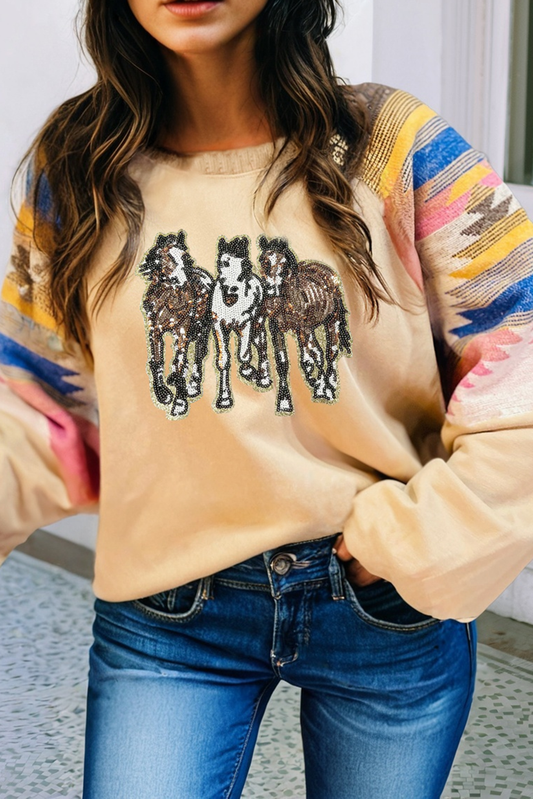 Sequined Western Horses Aztec Sweatshirt – Colorful Graphic Pullover for Fall & Winter
