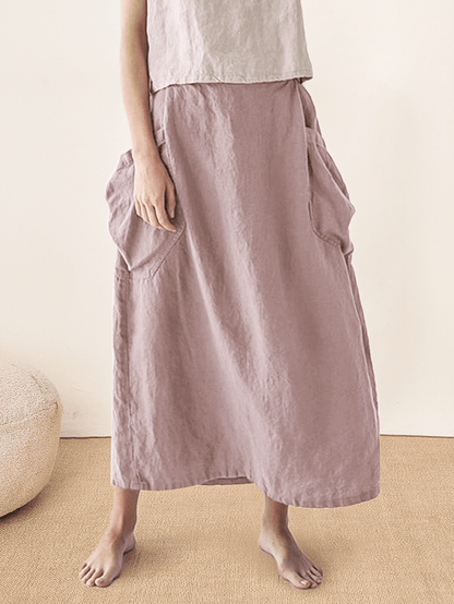 Linen Checked Elastic Waist Skirt ONYX