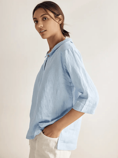 100% Linen Stripe Shawl V-Neck Half Sleeve Top