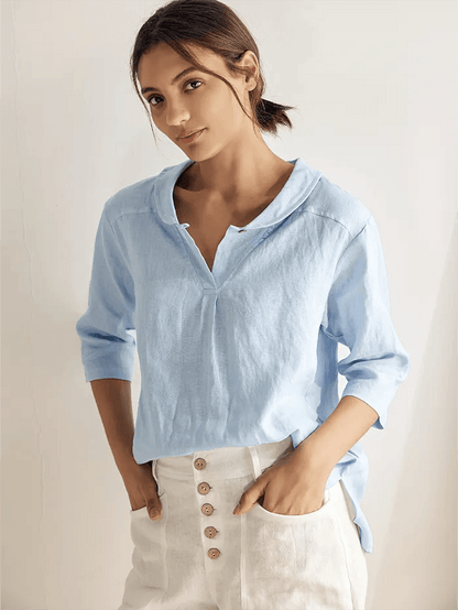 100% Linen Stripe Shawl V-Neck Half Sleeve Top